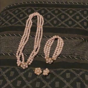 Pink pearl necklace, bracelet and clip earrings